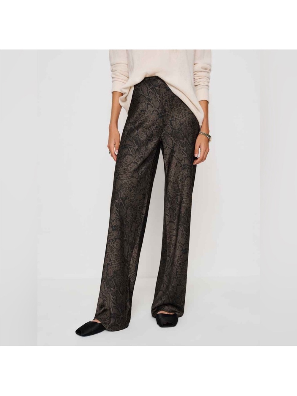 Reformation Black Snake-Print Wide-Leg Pants